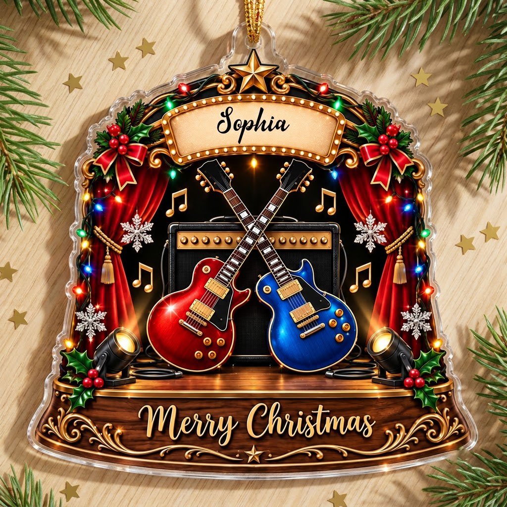 Custom-cut acrylic ornament with crossed red and blue guitars, Merry Christmas marquee, curtains and holly.
