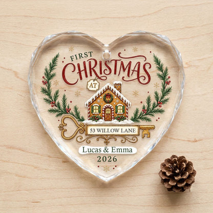 Personalized First Christmas at New Home Gingerbread Key Heart Glass Ornament