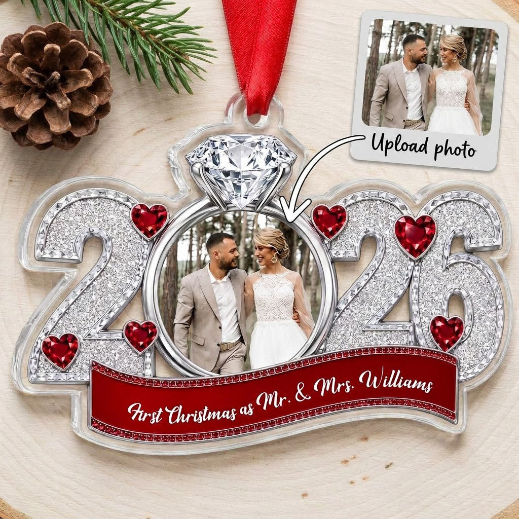 Acrylic ornament shaped like 2025 with a diamond-topped ring photo frame, red heart jewels and a red name banner