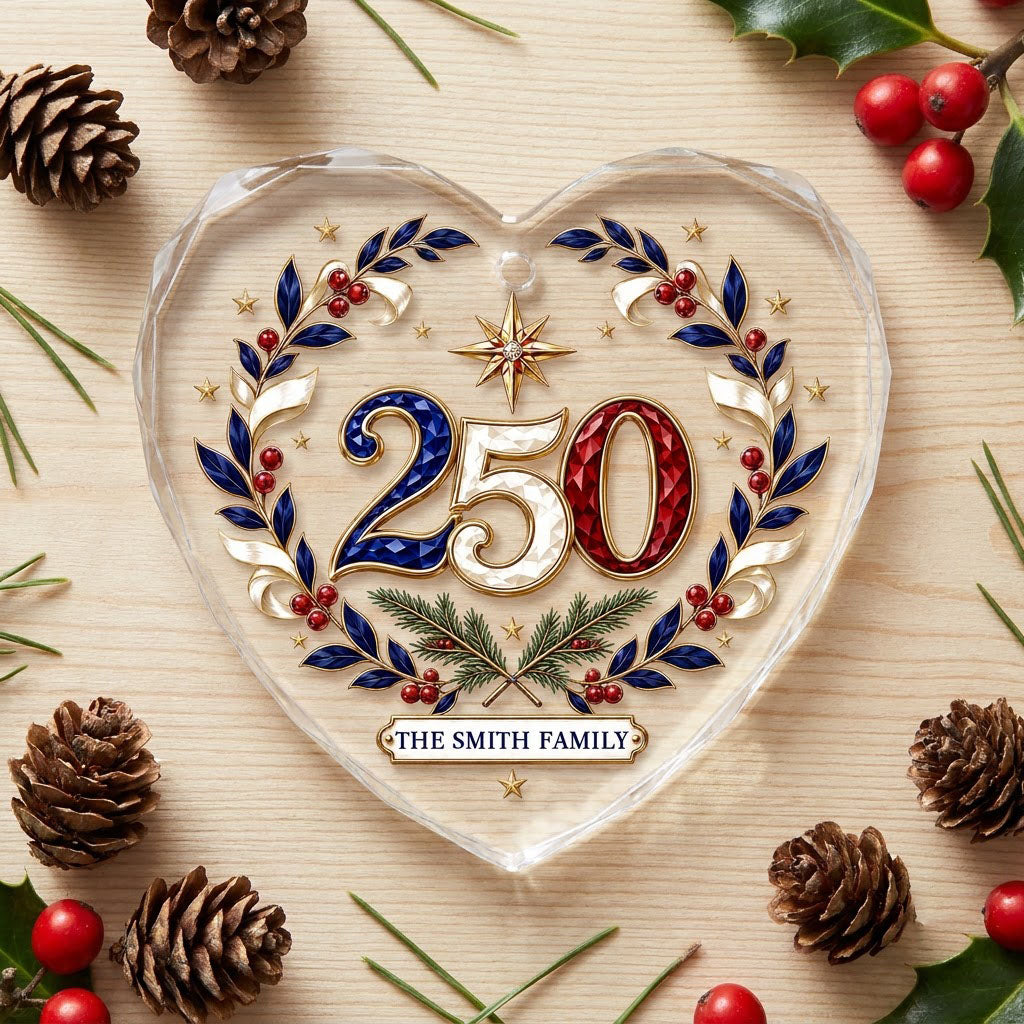 Personalized 250th Anniversary Patriotic Wreath Heart Glass Ornament