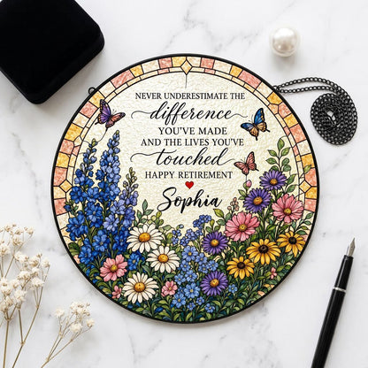 Personalized Retirement Wildflower Garden Never Underestimate The Difference Happy Retirement Stained Glass Round Suncatcher