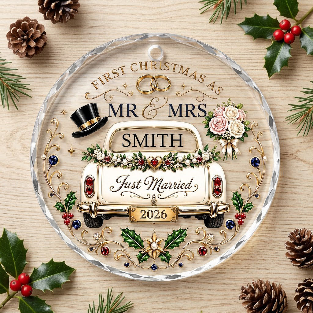 Personalized First Christmas as Mr & Mrs Vintage Getaway Car Round Glass Ornament