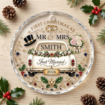 Personalized First Christmas as Mr & Mrs Vintage Getaway Car Round Glass Ornament
