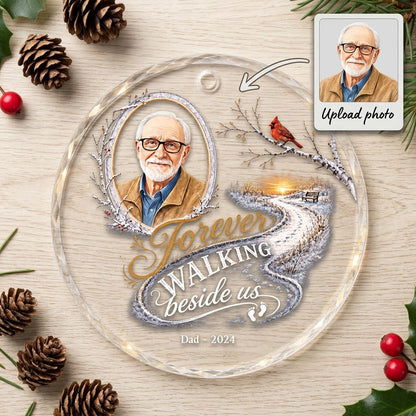Round glass ornament with birch oval frame, custom photo, red cardinal, winter path and bench, and 'Forever WALKING besi