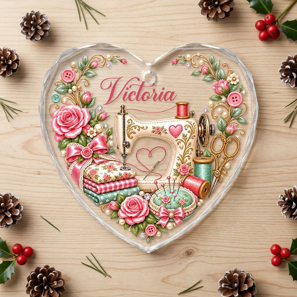 Heart-shaped glass ornament with vintage cream sewing machine, pink roses, buttons, and a personalized name.