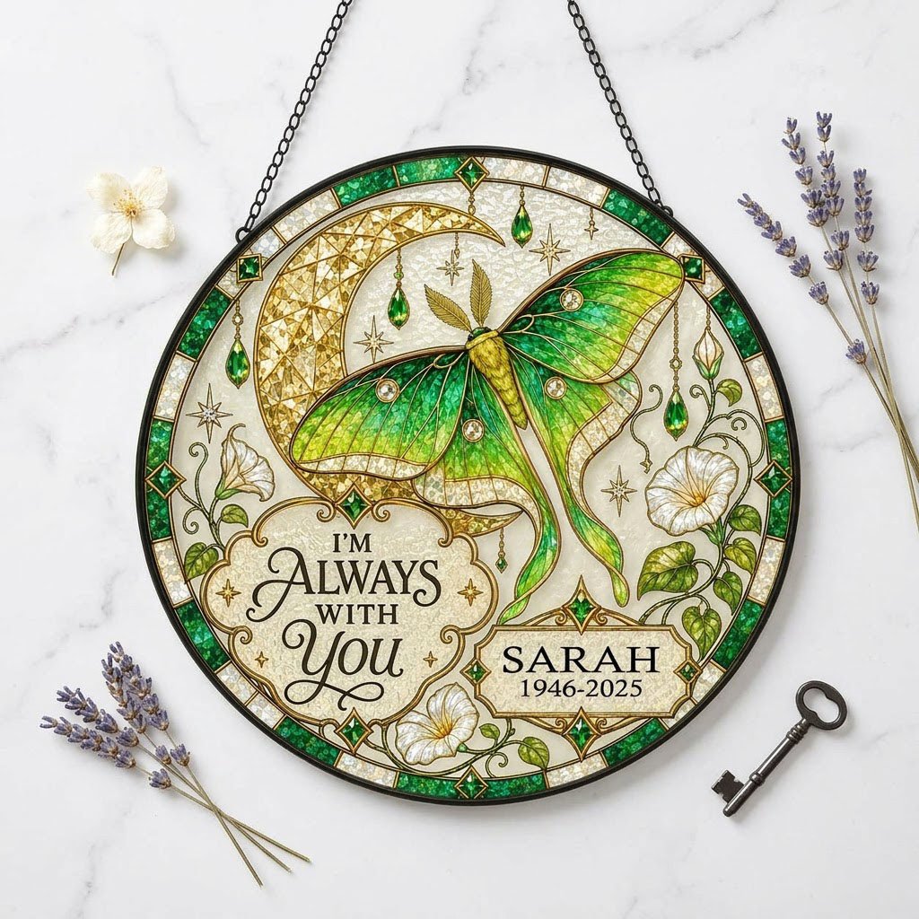Personalized Luna Moth Memorial I'm Always With You Stained Glass Round Suncatcher