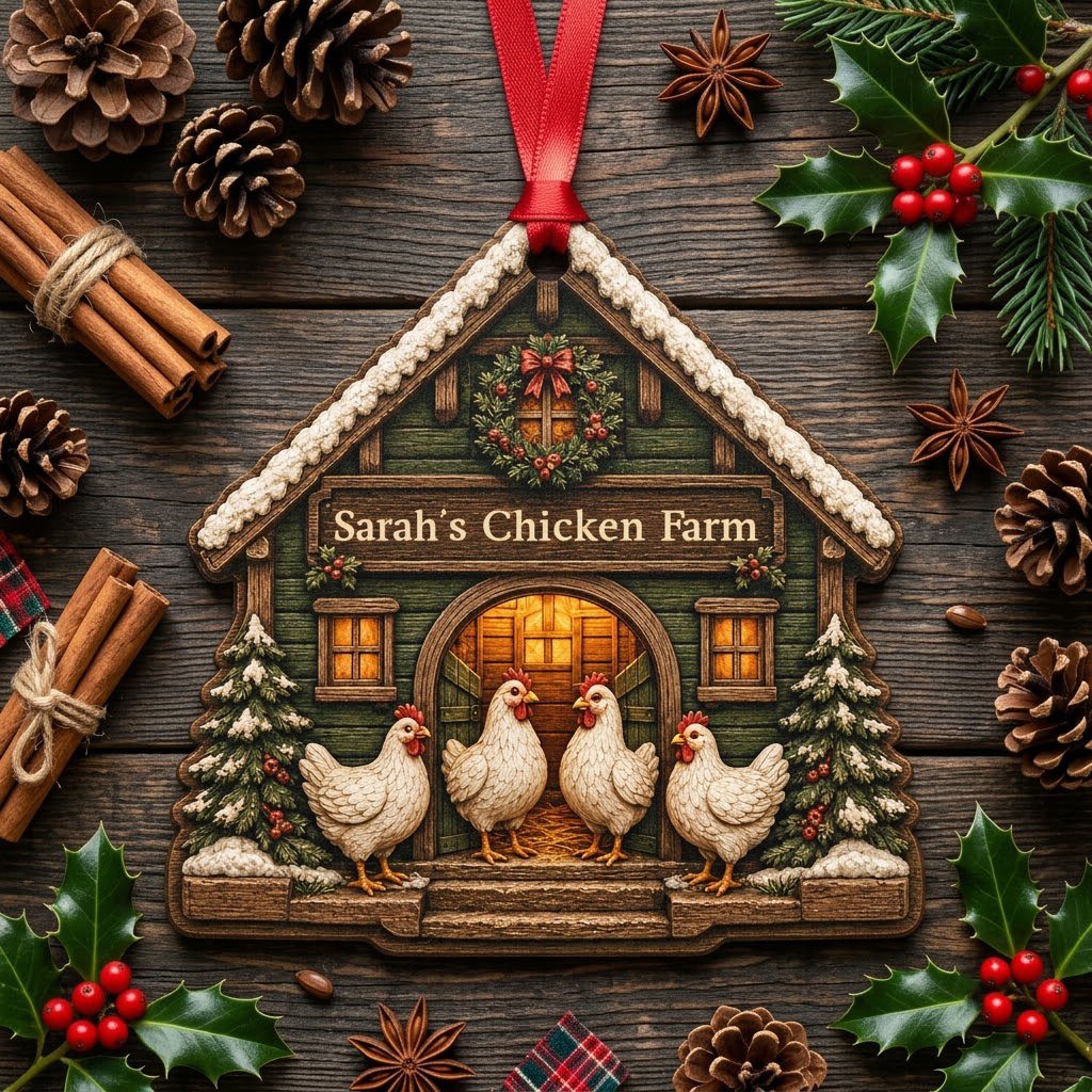 Personalized Winter Chicken Coop Wood Ornament, Custom Farmhouse Keepsake