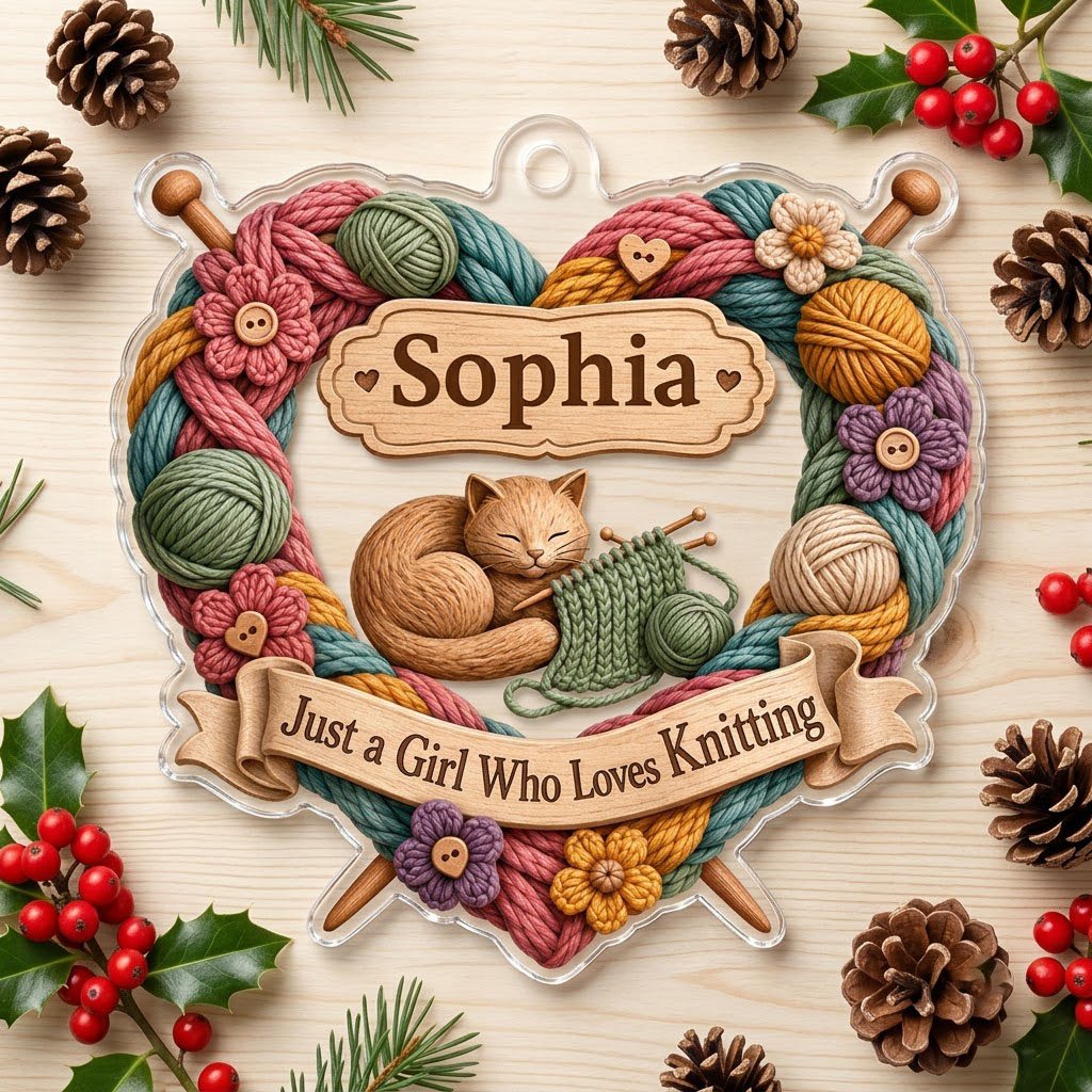 Heart-shaped acrylic ornament with yarn wreath, knitting needles, brown cat and "Just a Girl Who Loves Knitting" text.