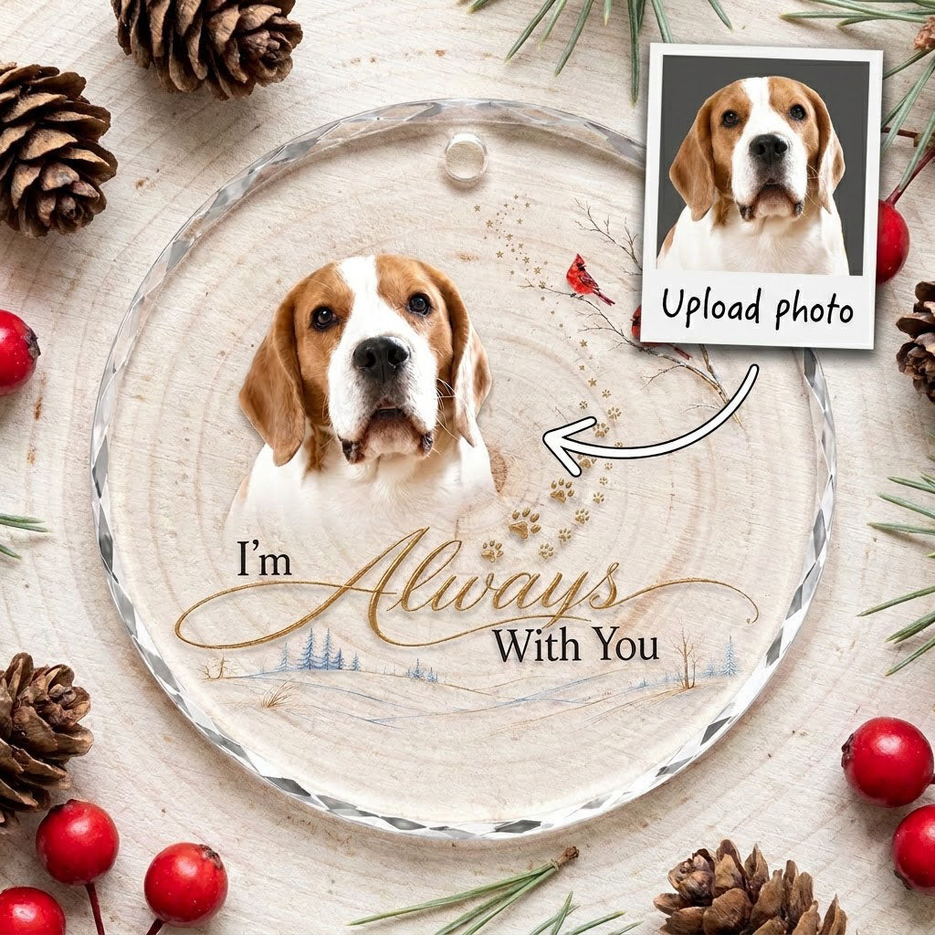 Personalized Dog Memorial Photo I'm Always With You Winter Cardinal Round Glass Ornament