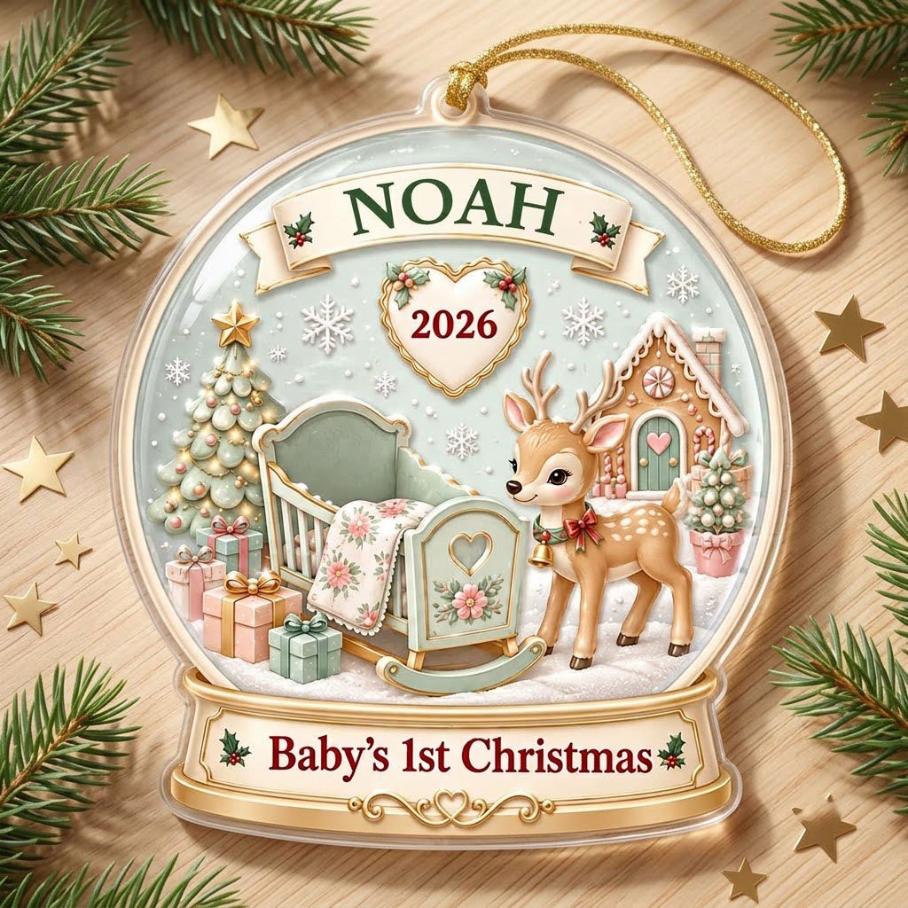 Acrylic snowglobe ornament with Baby's 1st Christmas, fawn with red bow, cradle, tree, gifts and gingerbread house