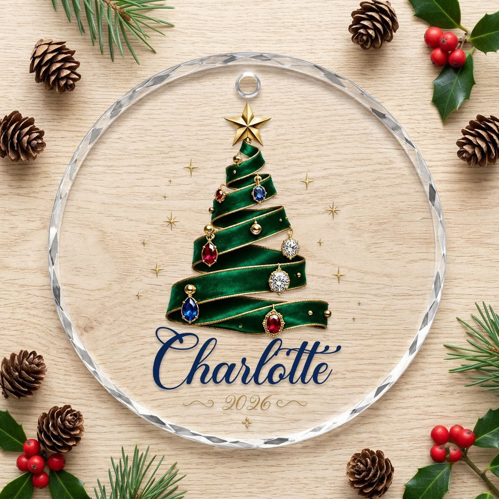 Round glass ornament with emerald ribbon tree, gold star and gem ornaments, personalized with name and year.