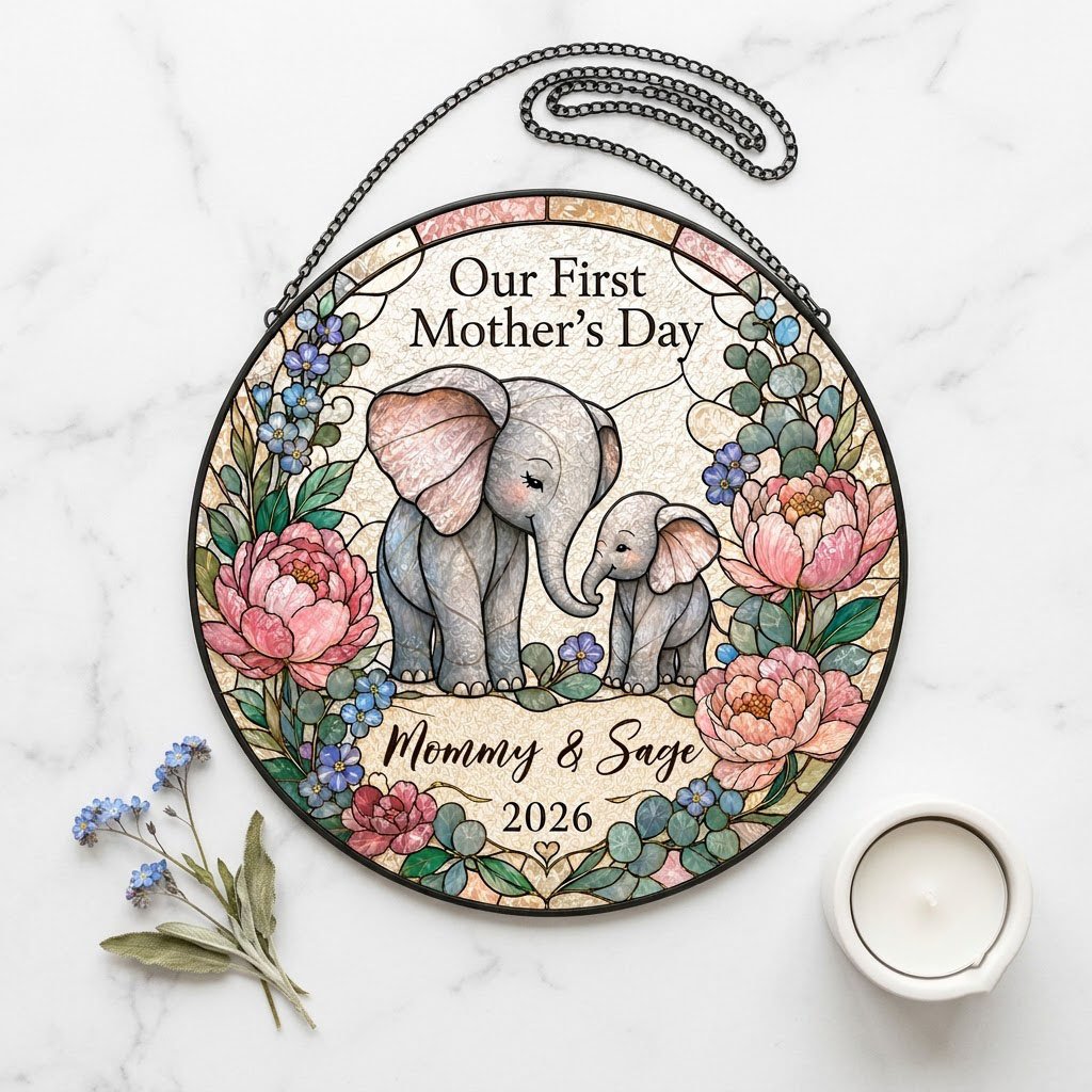 Round stained-glass suncatcher of mother and baby elephants touching trunks amid pink peonies and blue flowers.