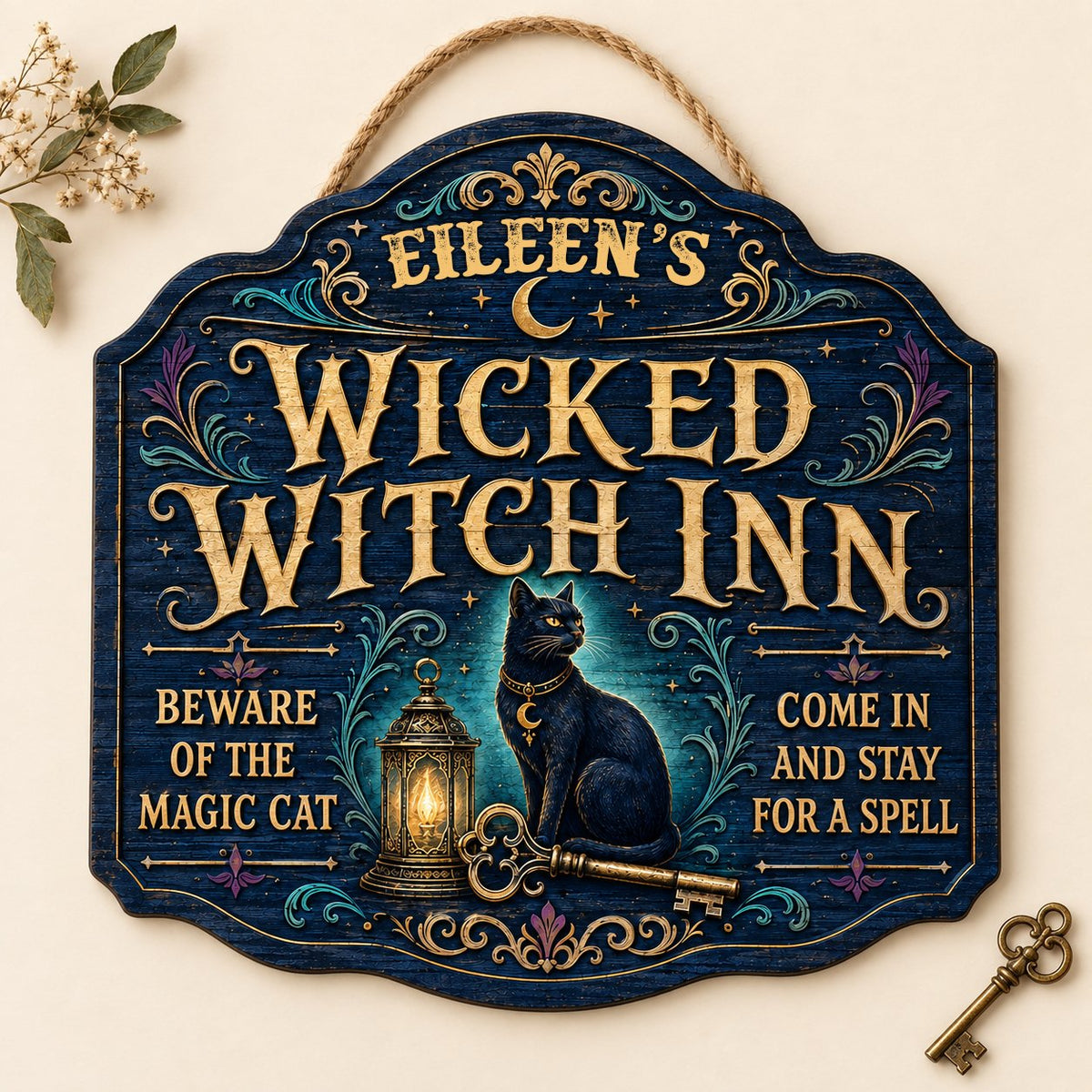 Custom-cut wooden sign with black cat, glowing lantern, golden key, crescent moons, stars, and Wicked Witch Inn text
