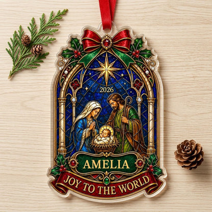 Personalized Stained Glass Nativity Scene Acrylic Ornament, Custom Holy Family Christmas Keepsake