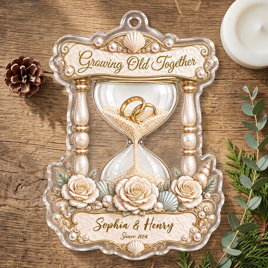 Acrylic hourglass ornament with gold rings, roses, seashells, pearls, and Growing Old Together text.
