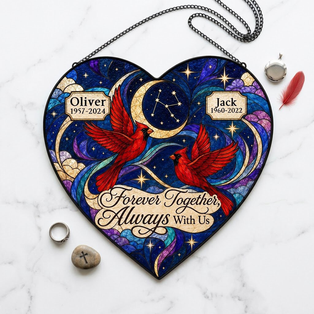 Heart stained glass suncatcher with two red cardinals, crescent moon, stars, clouds, and memorial name banners.