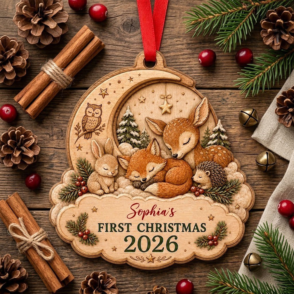 Personalized Woodland Animals Baby's First Christmas Wood Ornament, Custom Keepsake