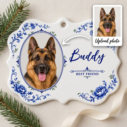 Ornate scalloped ceramic medallion ornament with blue Delft floral frame, custom dog photo, and 'BEST FRIEND' text
