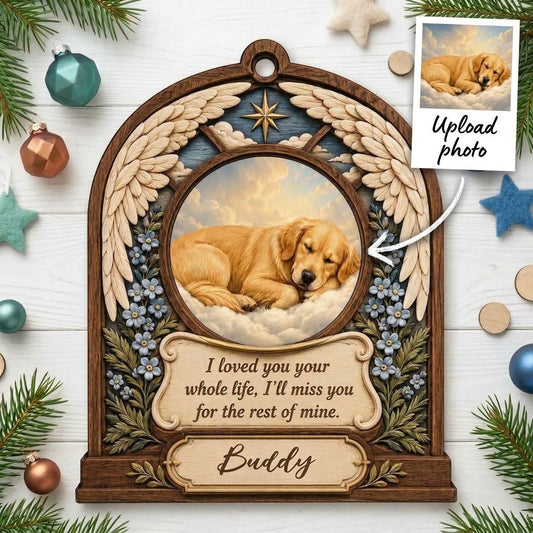 Arch wood ornament with angel wings, star, forget-me-not flowers, and a circular pet photo slot in the center.