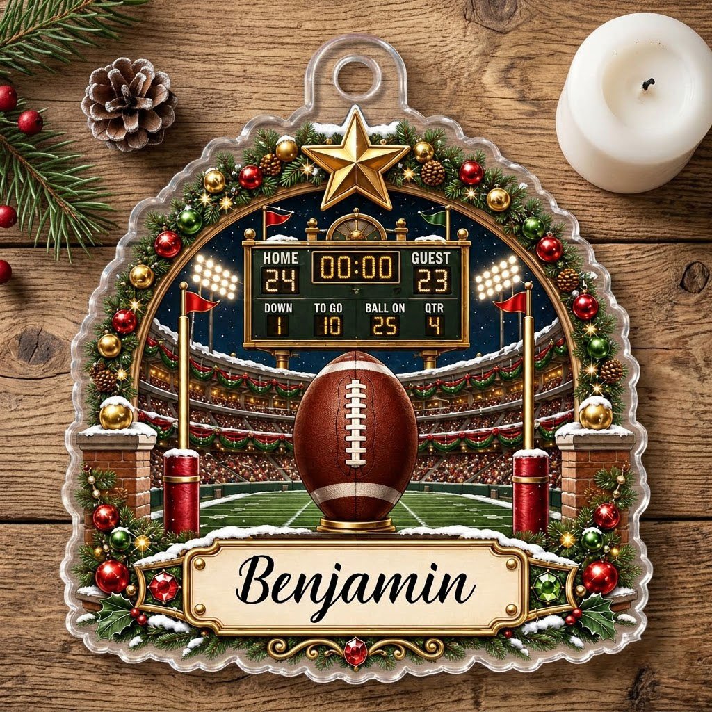 Acrylic ornament with football on a tee, stadium scoreboard, and pine garland border with a name banner.