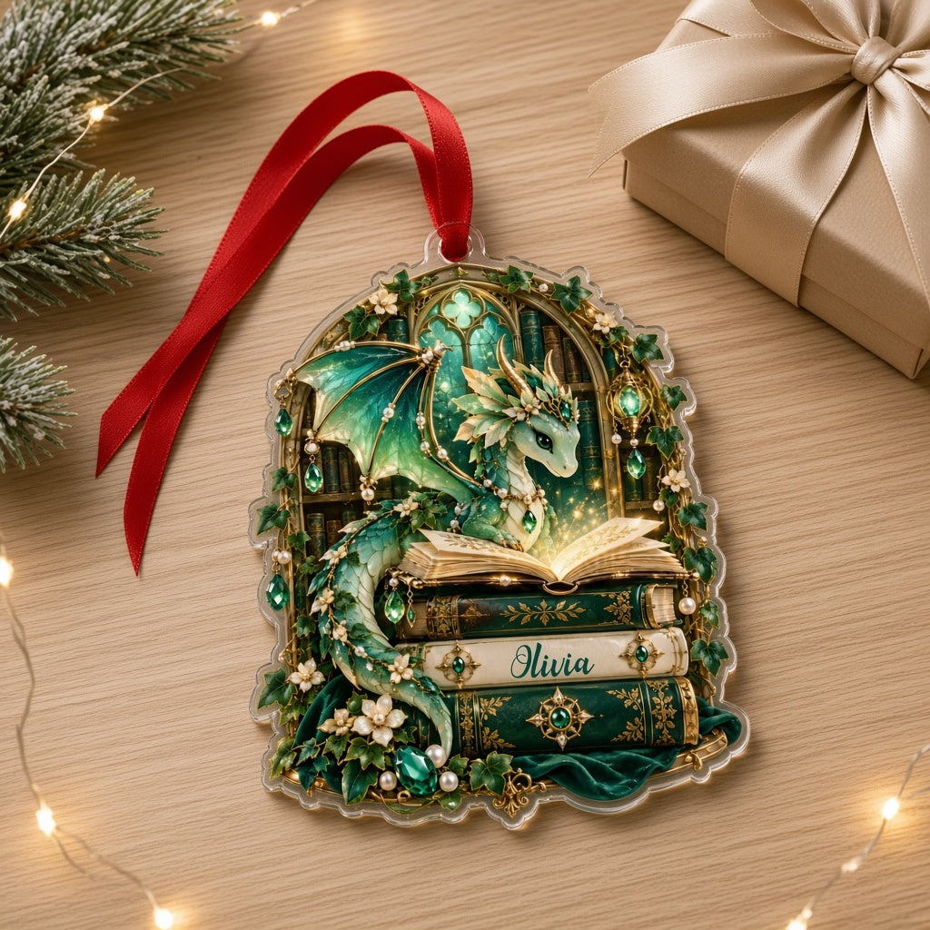 Emerald green dragon with gold-accented wings on vintage books, name Olivia, stained-glass arch acrylic ornament.