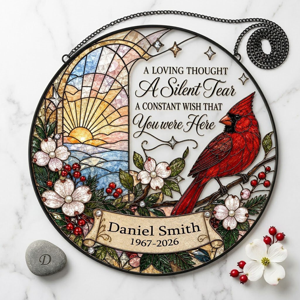 Personalized Red Cardinal Ocean Sunrise A Silent Tear Memorial Stained Glass Round Suncatcher