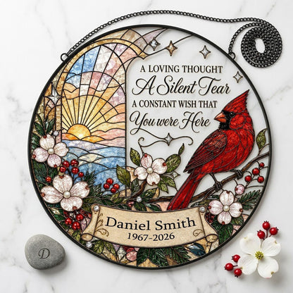 Personalized Red Cardinal Ocean Sunrise A Silent Tear Memorial Stained Glass Round Suncatcher