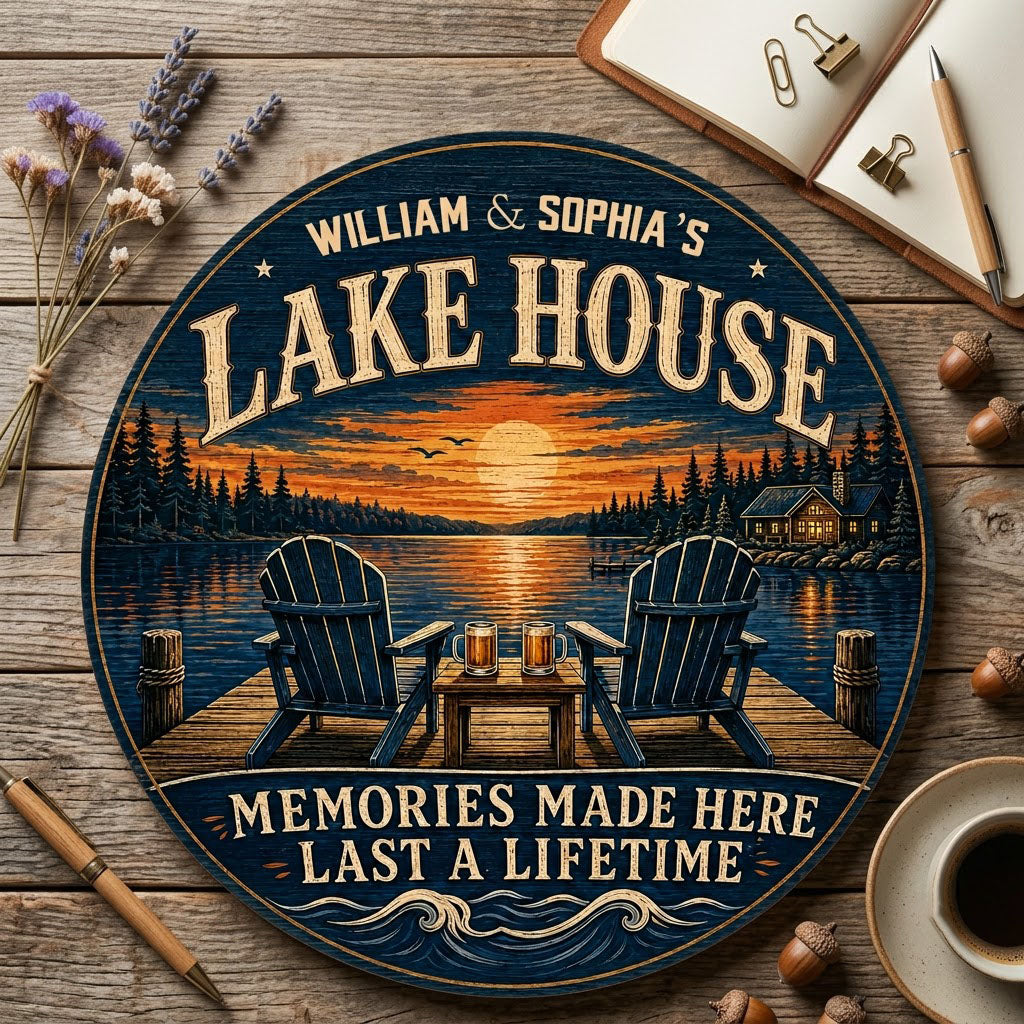 Personalized Lake House Sunset Dock Wooden Hanging Sign