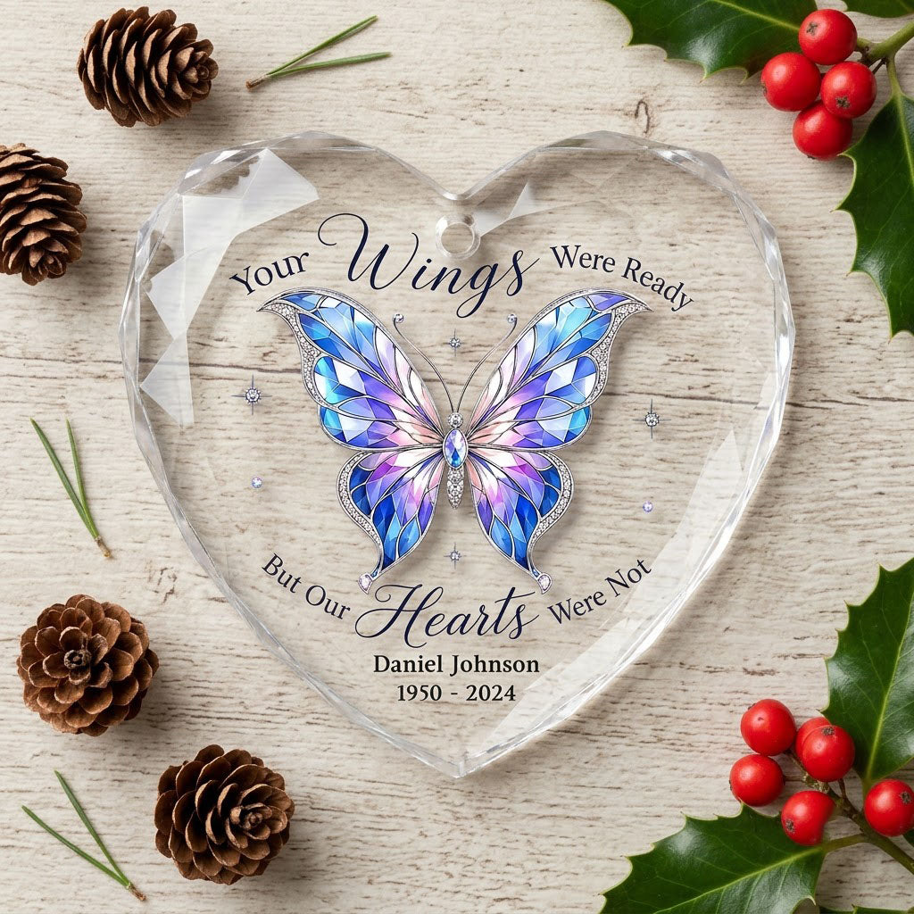 Personalized Butterfly Memorial Your Wings Were Ready Jeweled Heart Glass Ornament