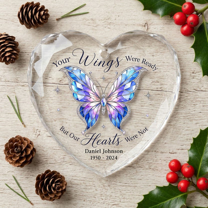 Personalized Butterfly Memorial Your Wings Were Ready Jeweled Heart Glass Ornament
