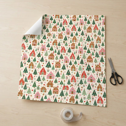 Cream wrapping paper with repeating gingerbread houses, green trees, candy canes, hearts, stars and snowflakes.