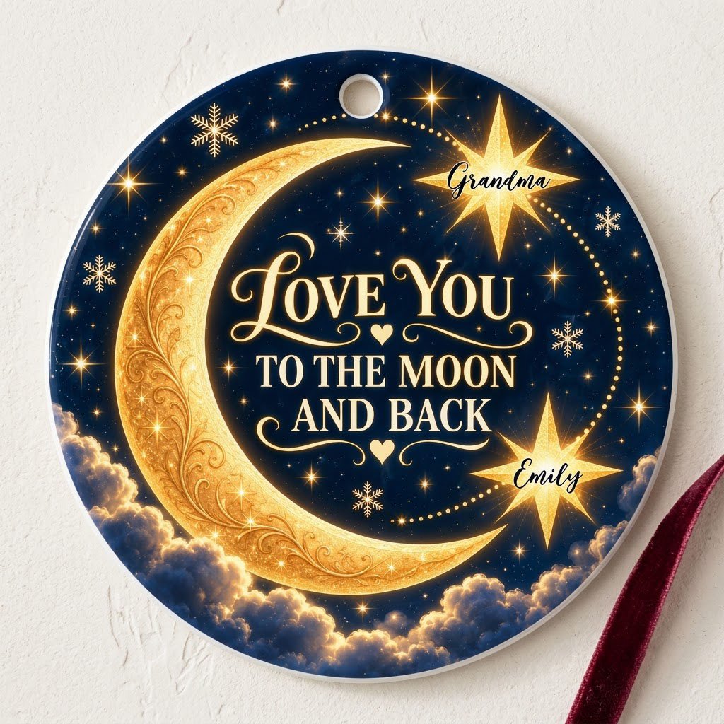 Round ceramic ornament with golden crescent moon, navy sky, stars, and 'LOVE YOU TO THE MOON AND BACK'.