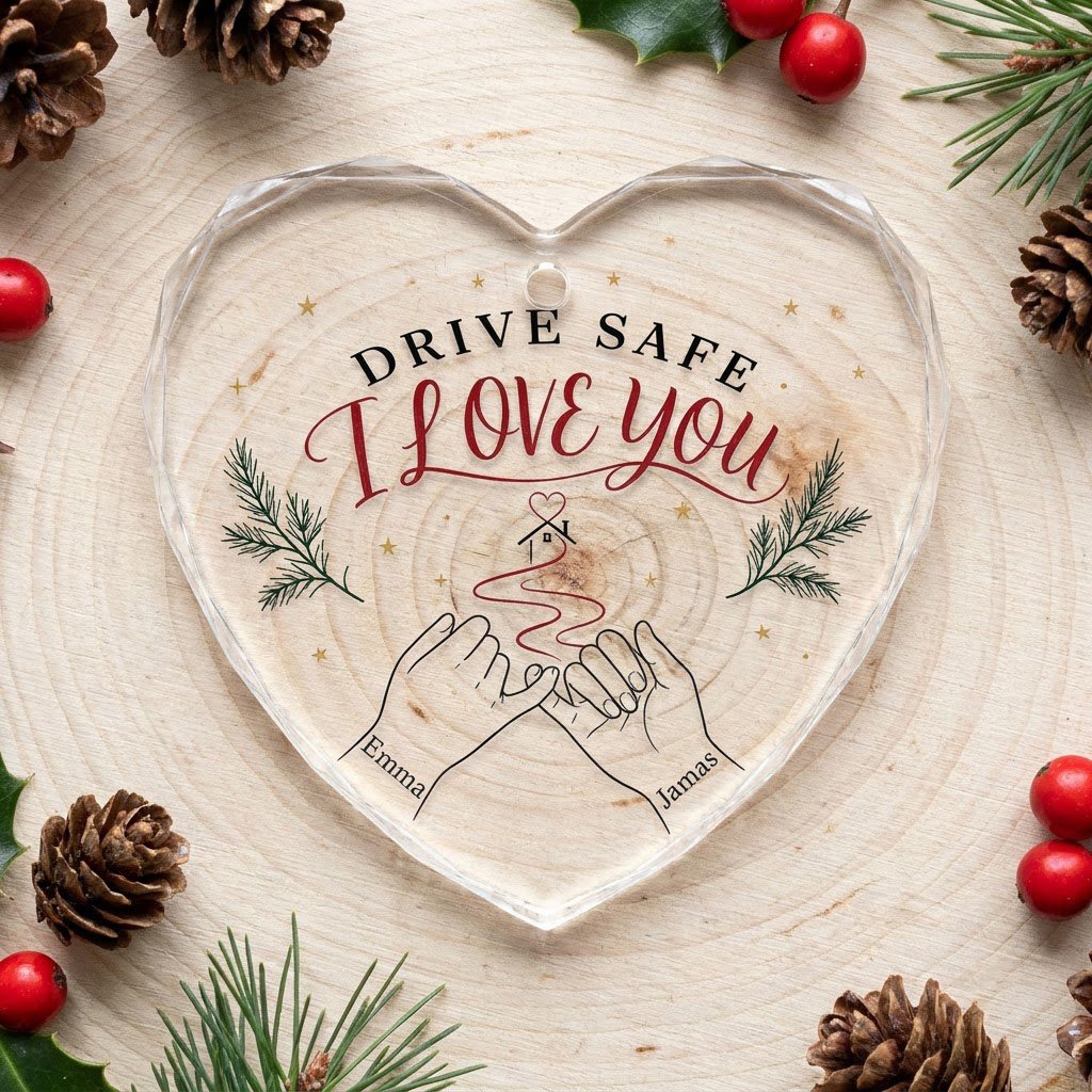 Heart glass ornament with pinky promise hands, red thread to a small house with heart, pine sprigs and gold stars.