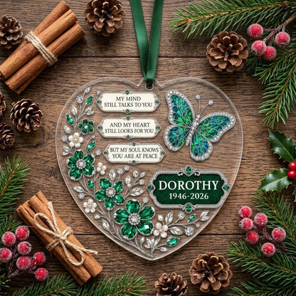 Personalized Emerald Butterfly Memorial Heart Acrylic Ornament
