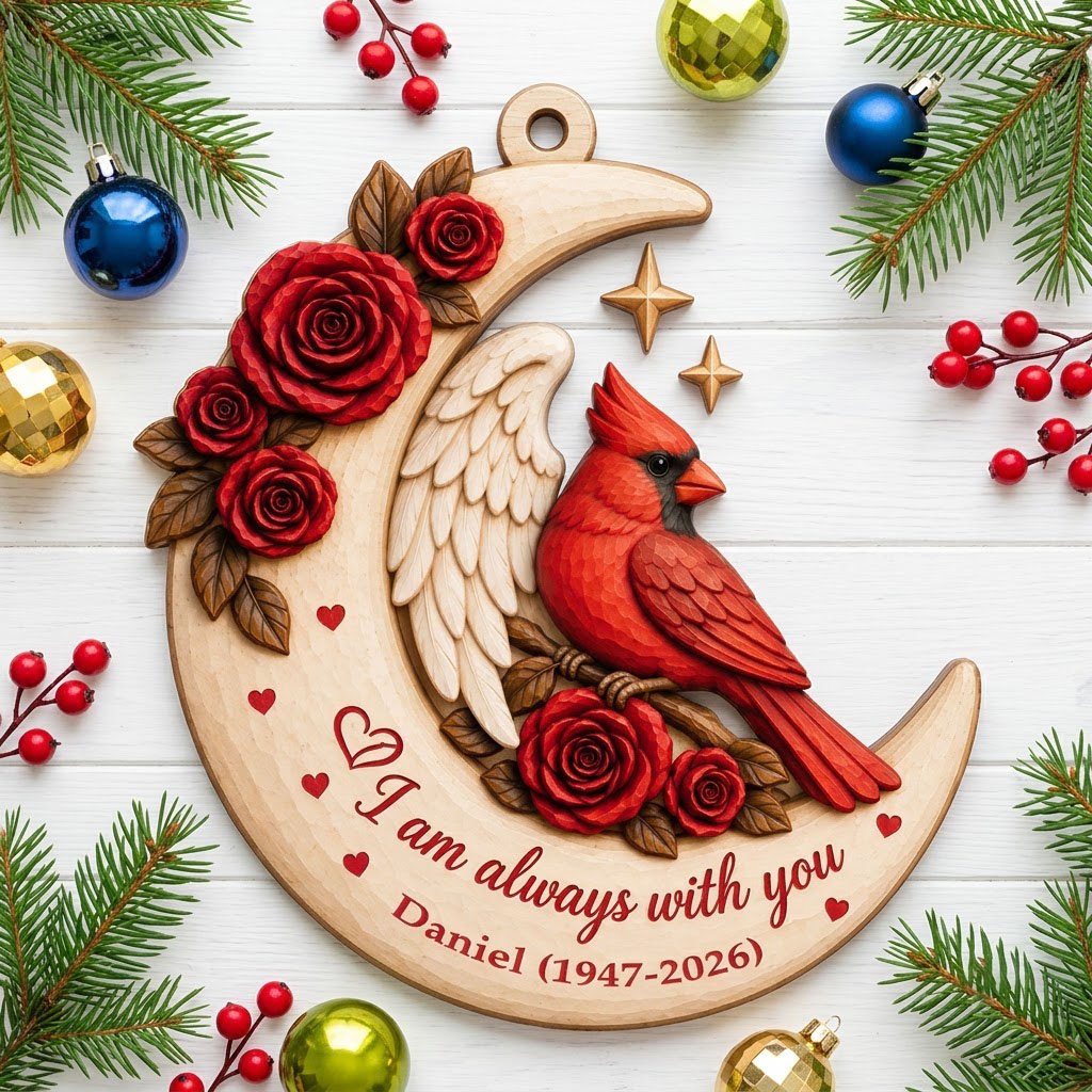 Crescent moon wood ornament with red cardinal, angel wing, red roses, stars, hearts, and custom name and years.