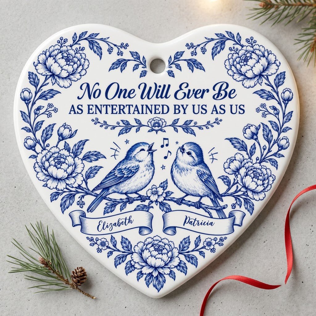 Heart ceramic ornament with Delft blue peonies, two birds on a branch, and a friendship quote in cobalt blue.