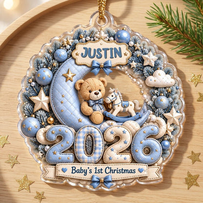 Blue wreath acrylic ornament with Baby's 1st Christmas, teddy bear, rocking horse, personalized name and 2026.