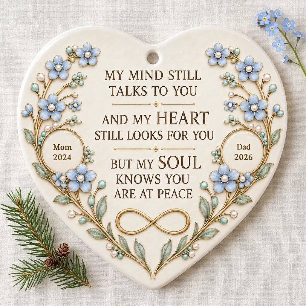 Heart ceramic ornament with light blue forget-me-not flowers, gold vines, and a gold infinity symbol memorial design.