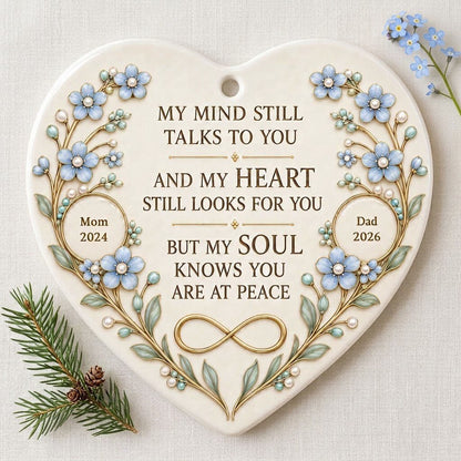 Heart ceramic ornament with light blue forget-me-not flowers, gold vines, and a gold infinity symbol memorial design.