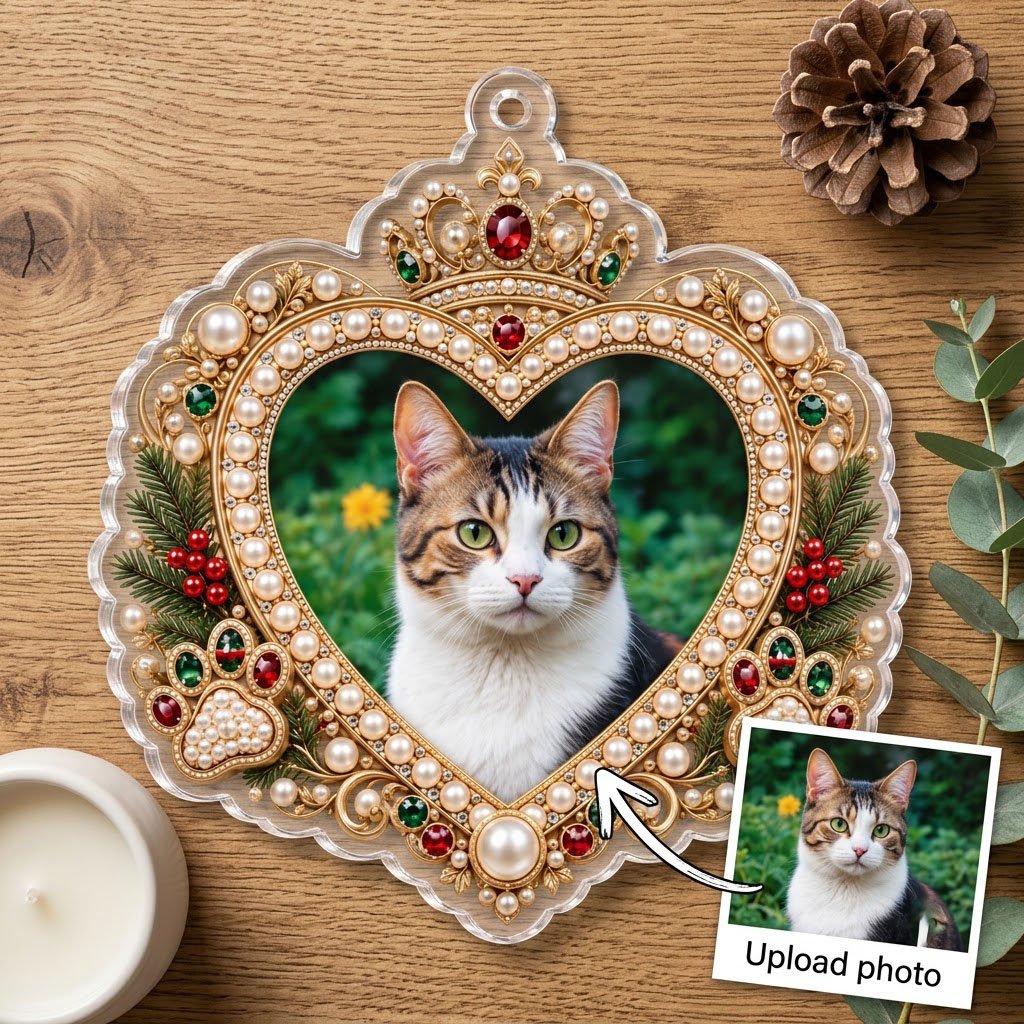 Acrylic ornament with a cat photo framed by gold filigree, jeweled crown, faux pearls, holly and paw prints on an ornate
