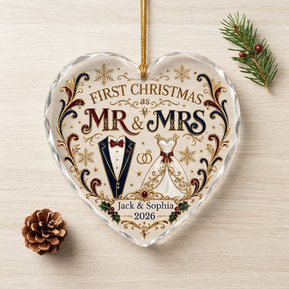 Personalized First Christmas as Mr & Mrs Tuxedo Gown Heart Glass Ornament