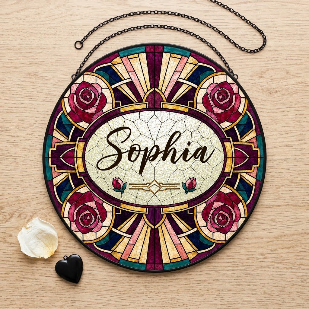 Round stained glass-style suncatcher with red and pink roses, a cream oval name panel, and black leaded lines.