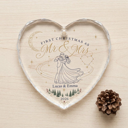 Personalized First Christmas as Mr & Mrs Dancing Couple Heart Glass Ornament