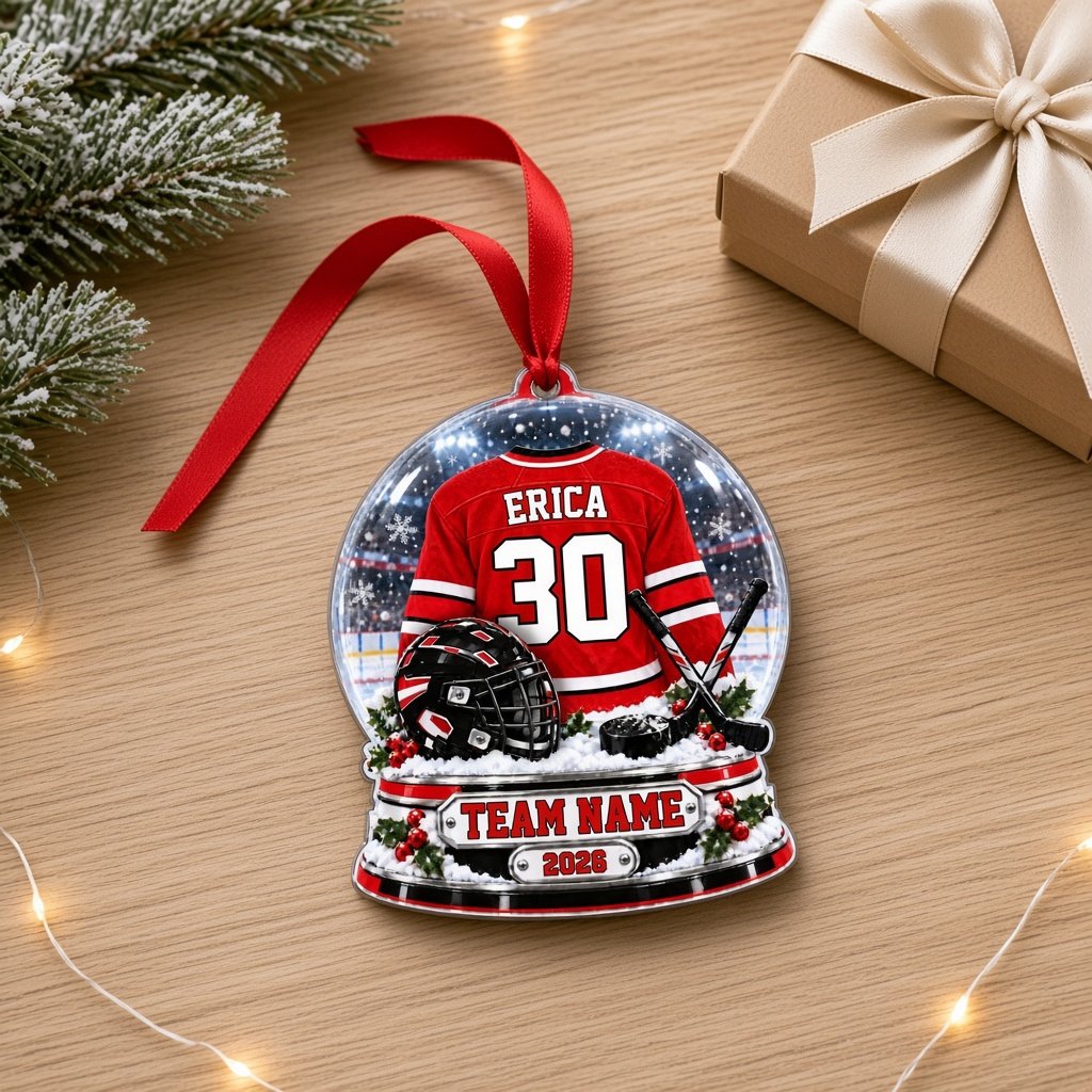 Snow globe acrylic ornament with red and white hockey jersey, black helmet and puck, and a snowy rink backdrop.