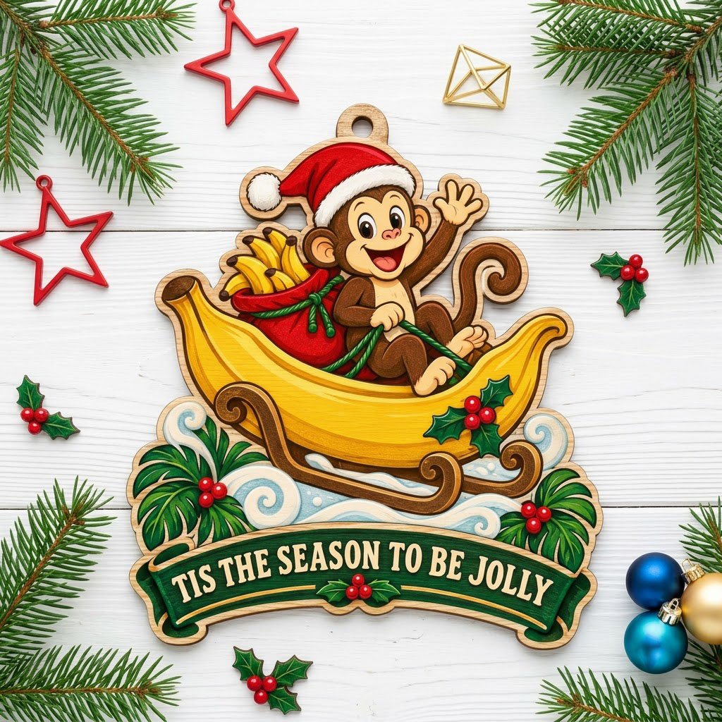 Custom-cut wood ornament with monkey in Santa hat riding a banana sleigh, banner reads TIS THE SEASON TO BE JOLLY.