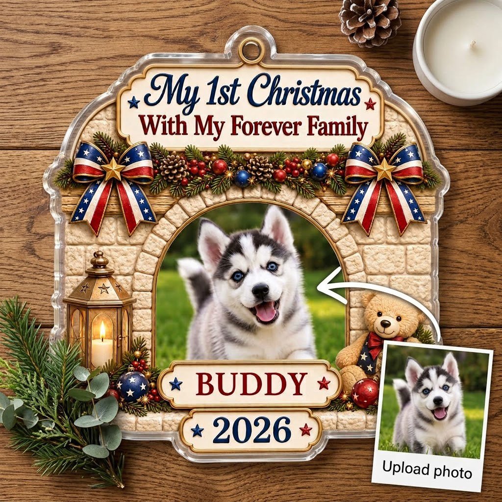 Arched acrylic ornament with stone arch, pine garland, patriotic bows, lantern, teddy bear, and a photo slot.