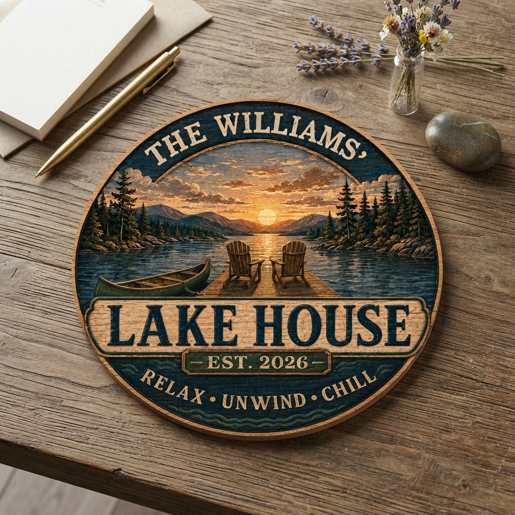 Round wooden sign with lake sunset, two Adirondack chairs on a dock, green canoe, and navy border with wave motifs.