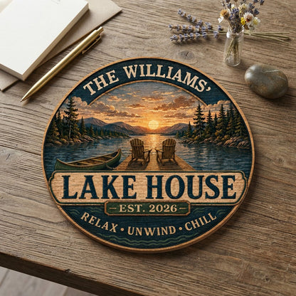 Round wooden sign with lake sunset, two Adirondack chairs on a dock, green canoe, and navy border with wave motifs.