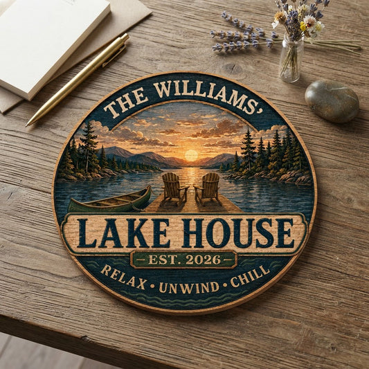 Round wooden sign with lake sunset, two Adirondack chairs on a dock, green canoe, and navy border with wave motifs.
