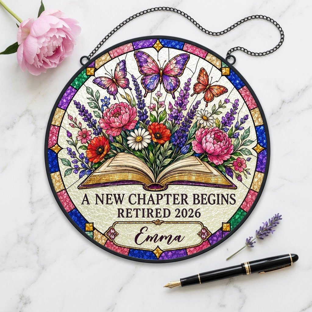Personalized Retirement Open Book & Butterflies A New Chapter Begins Stained Glass Round Suncatcher